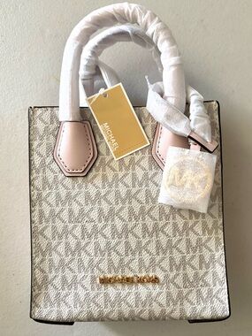 Michael Kors Ivory Logo Satchel with Soft Pink Trim